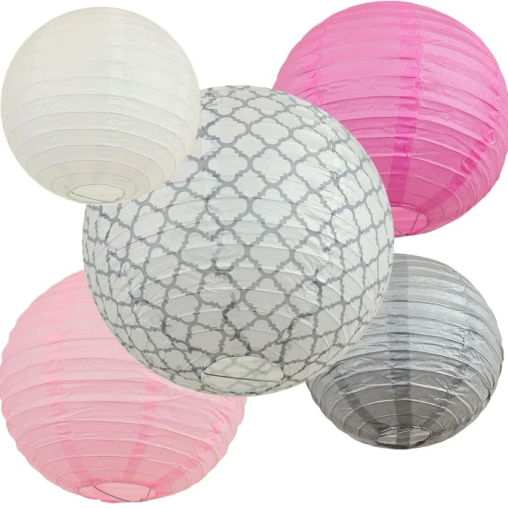 NWT Bobee Paper Lanterns, pink and grey set, 5-pack